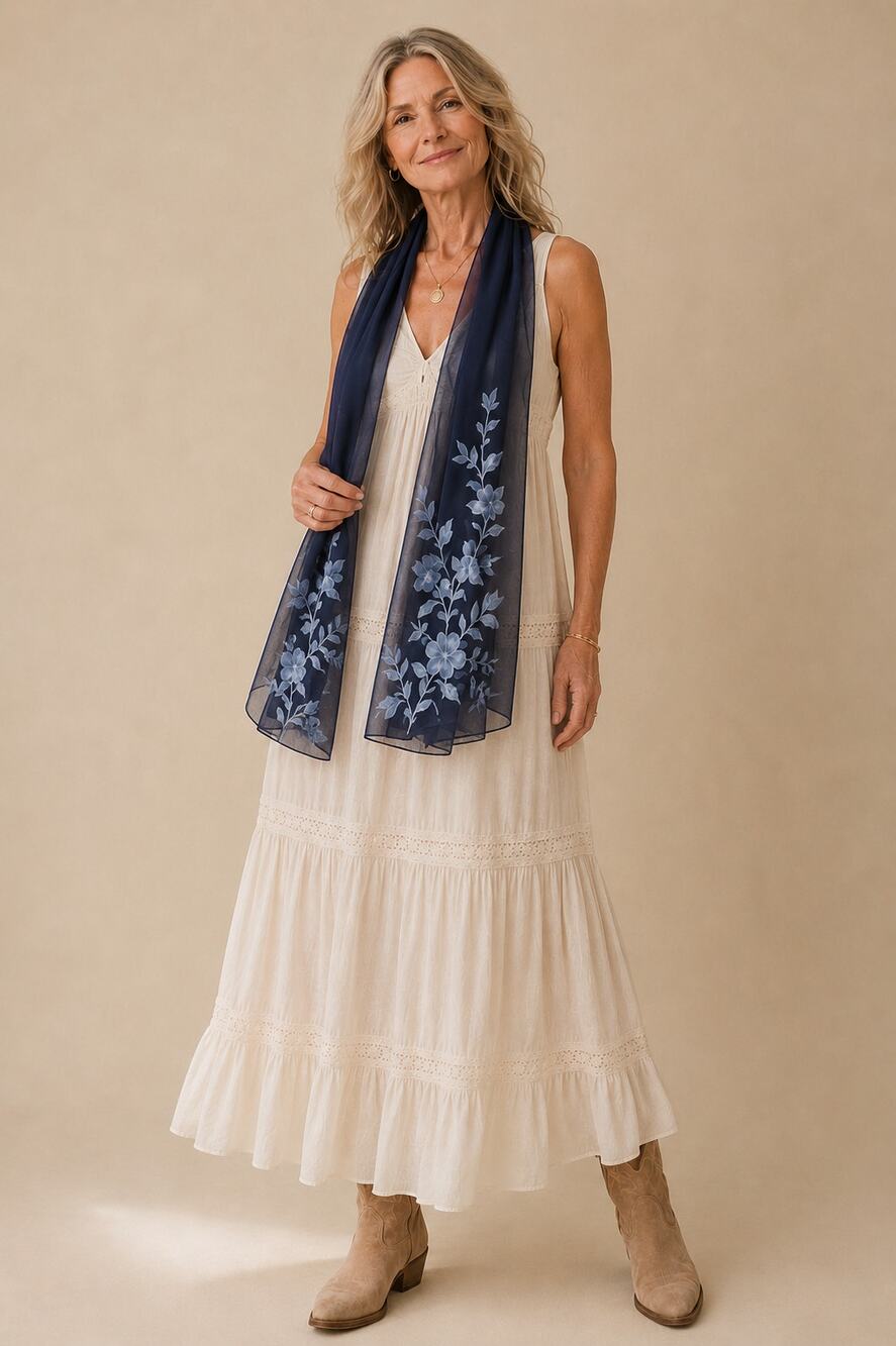 Lane Bryant Navy Blue Sheer Floral Chiffon Scarf Wrap Shawl NWT 59 Inch